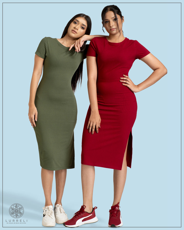 Run Neck Rib Midi Dress