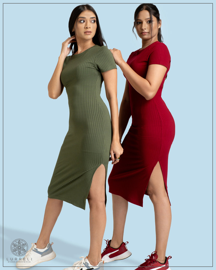 Run Neck Rib Midi Dress