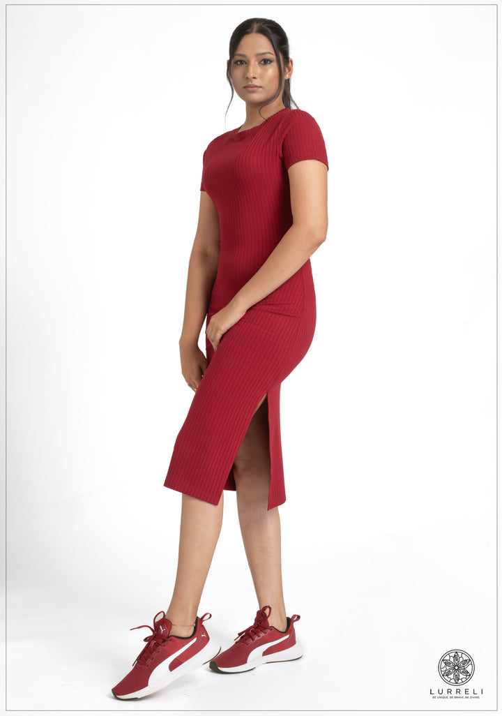 Run Neck Rib Midi Dress