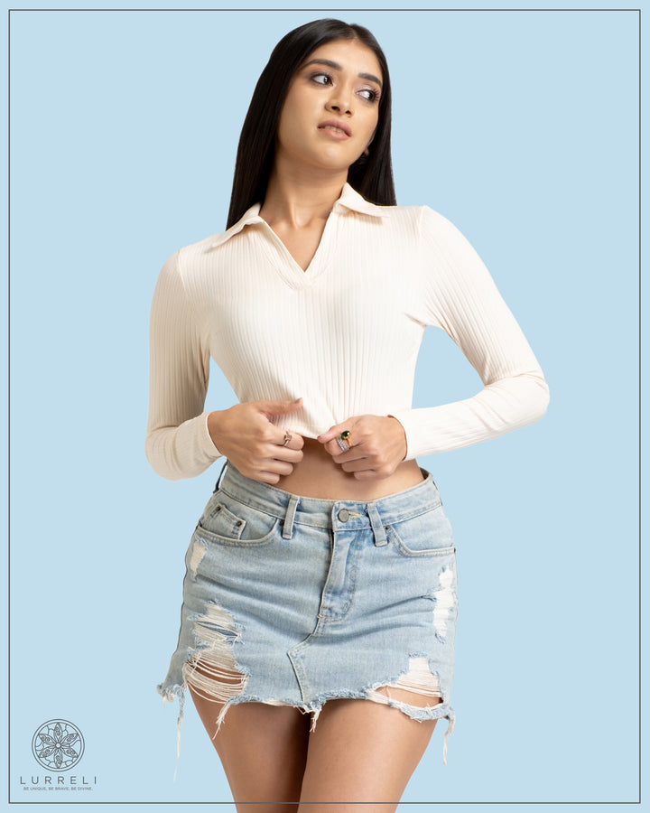 Long Sleeve Turn Down Collar Crop Top