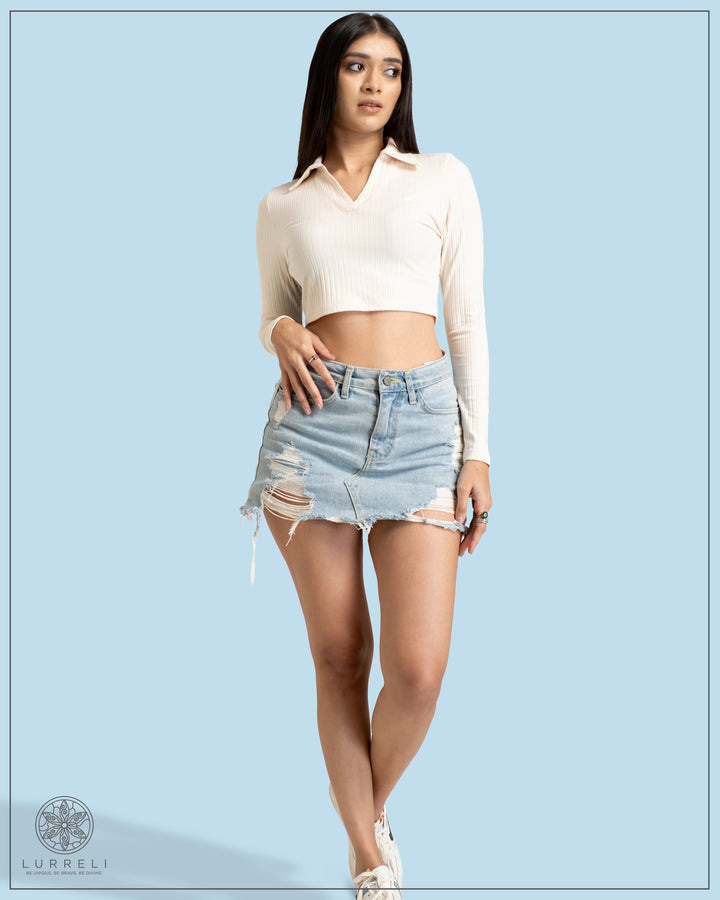 Long Sleeve Turn Down Collar Crop Top