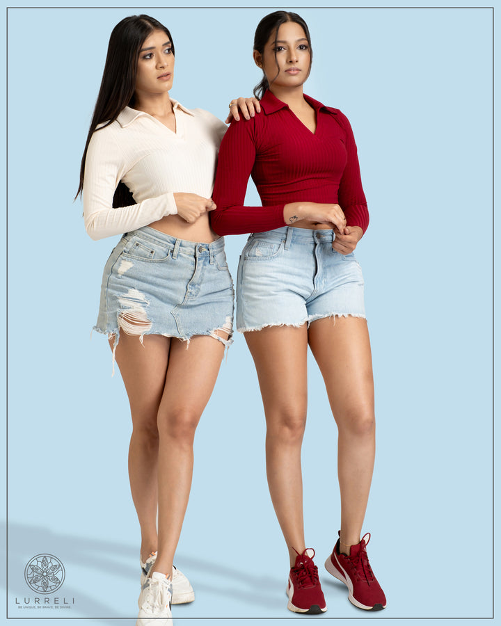 Long Sleeve Turn Down Collar Crop Top