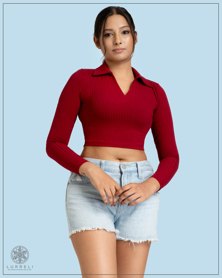Long Sleeve Turn Down Collar Crop Top