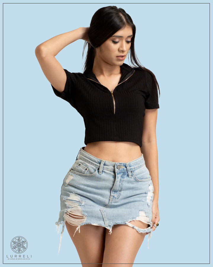 High Neck Short Sleeve Rib Top