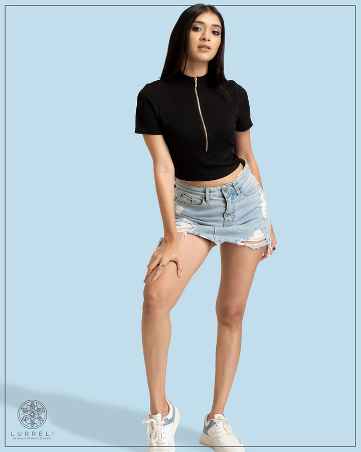 High Neck Short Sleeve Rib Top