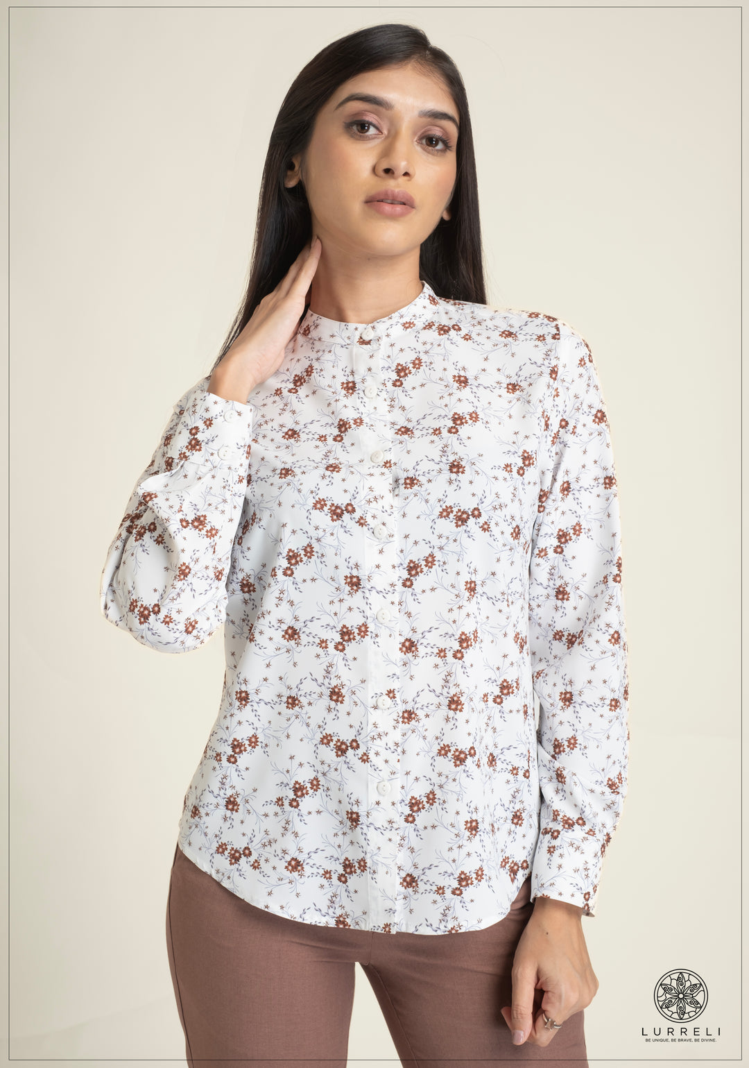 Leaf Printed Chinese Collar Basic Blouse