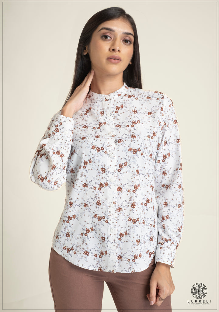 Leaf Printed Chinese Collar Basic Blouse