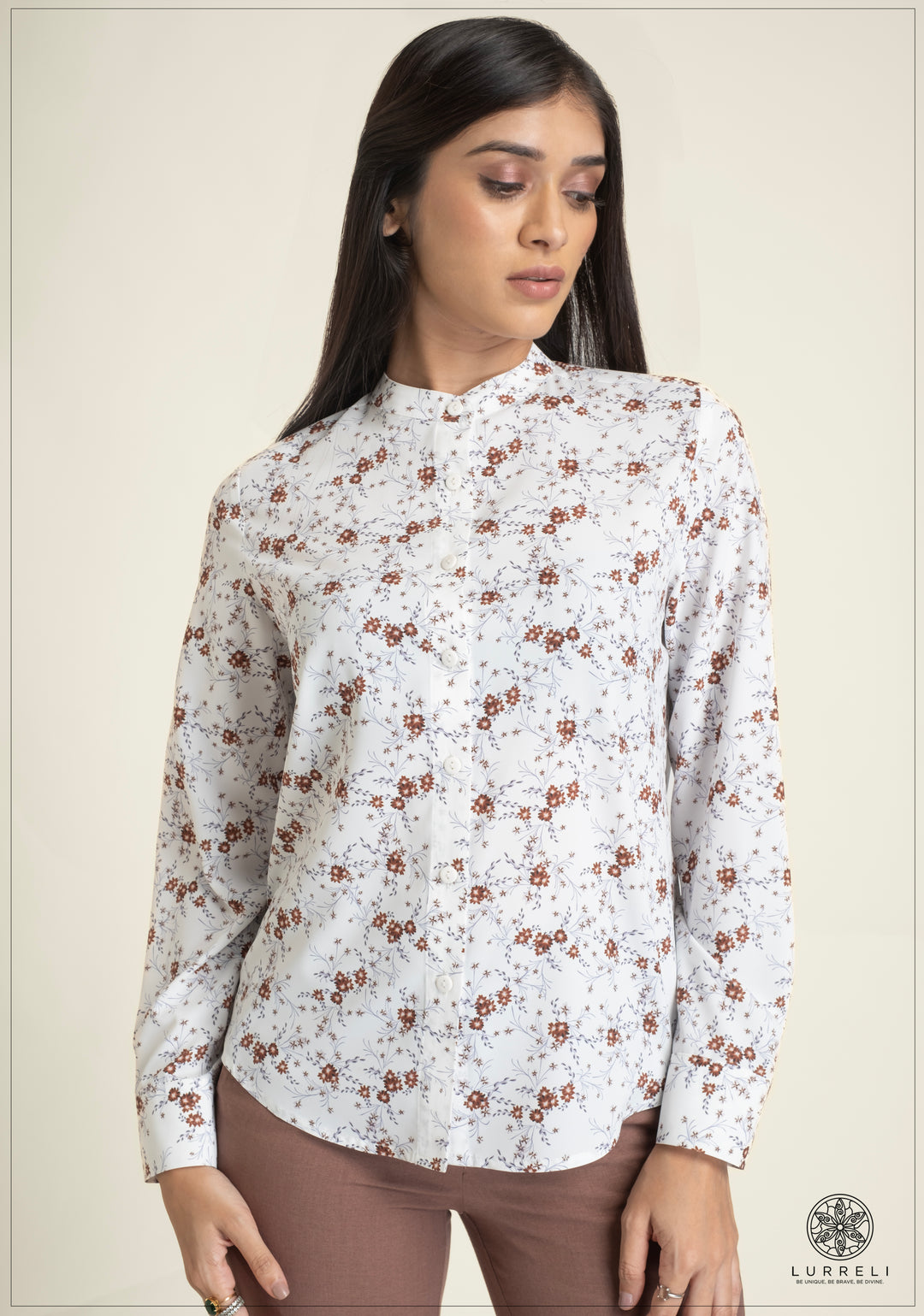 Leaf Printed Chinese Collar Basic Blouse