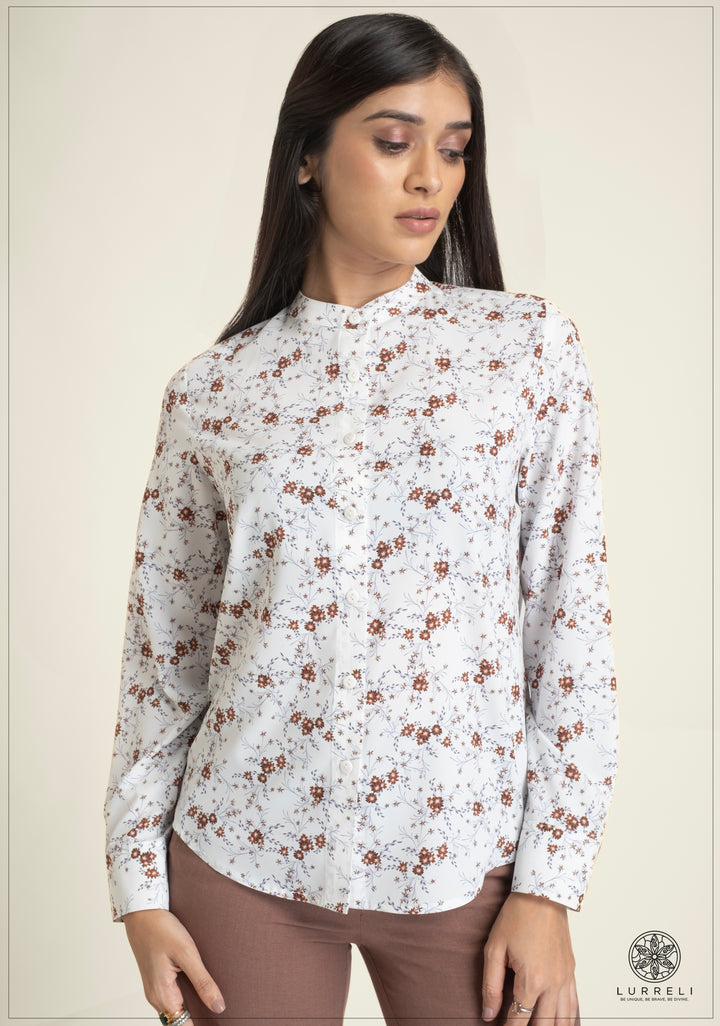 Leaf Printed Chinese Collar Basic Blouse