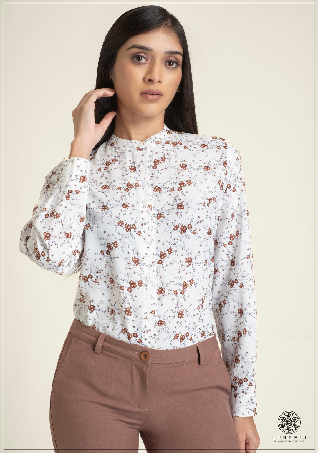 Leaf Printed Chinese Collar Basic Blouse