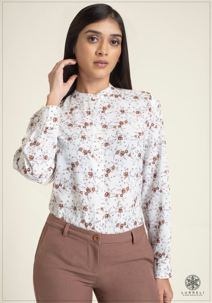 Leaf Printed Chinese Collar Basic Blouse