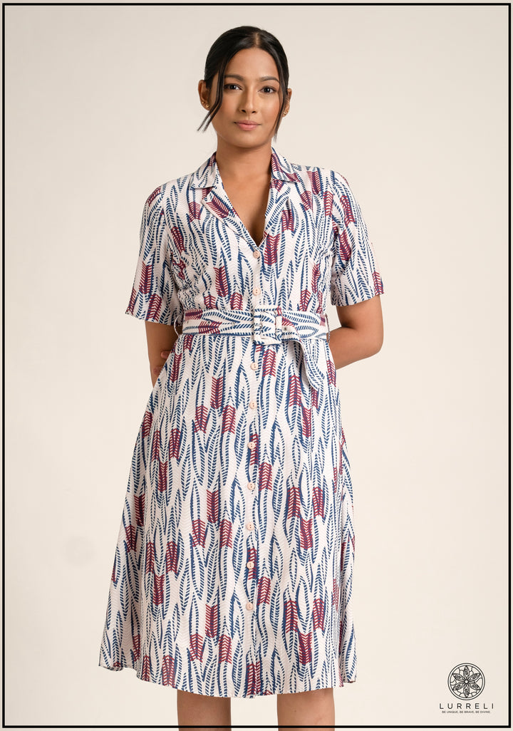 Belt-Detailed Floral Printed Dress