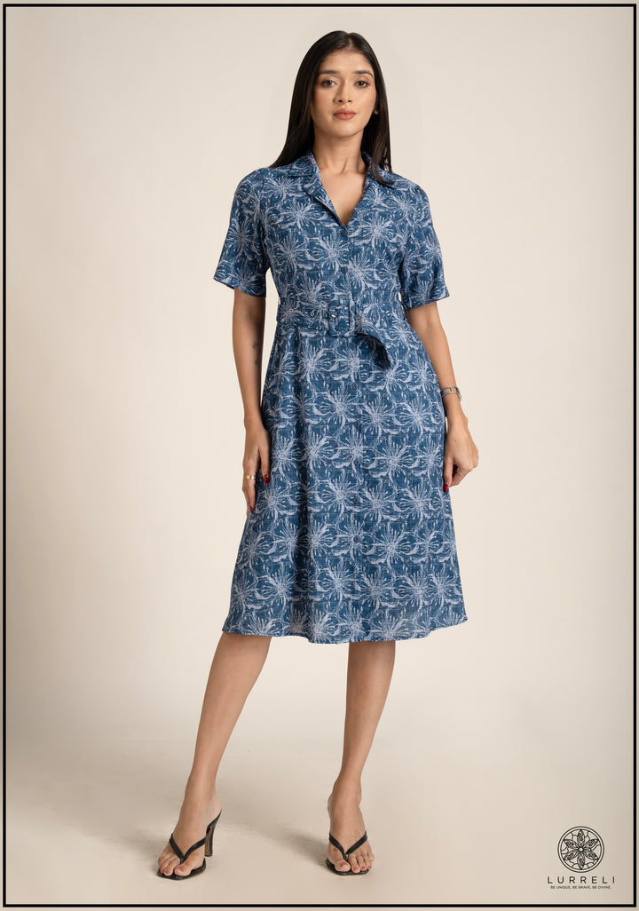 Belt-Detailed Floral Printed Dress