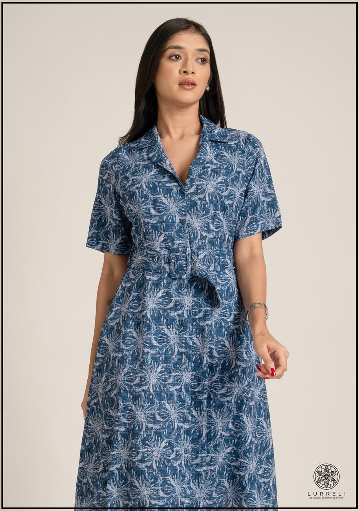 Belt-Detailed Floral Printed Dress