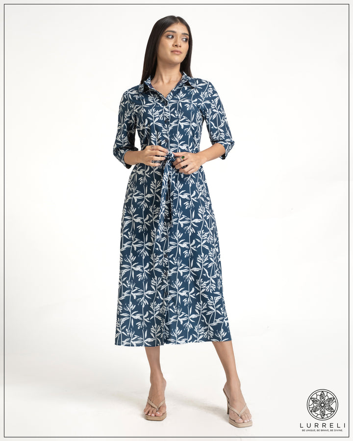 Leaf Printed Tie-Up Detail Midi Dress