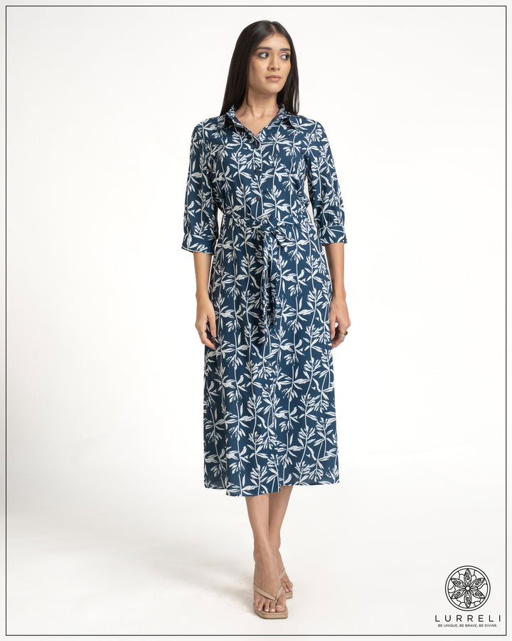 Leaf Printed Tie-Up Detail Midi Dress