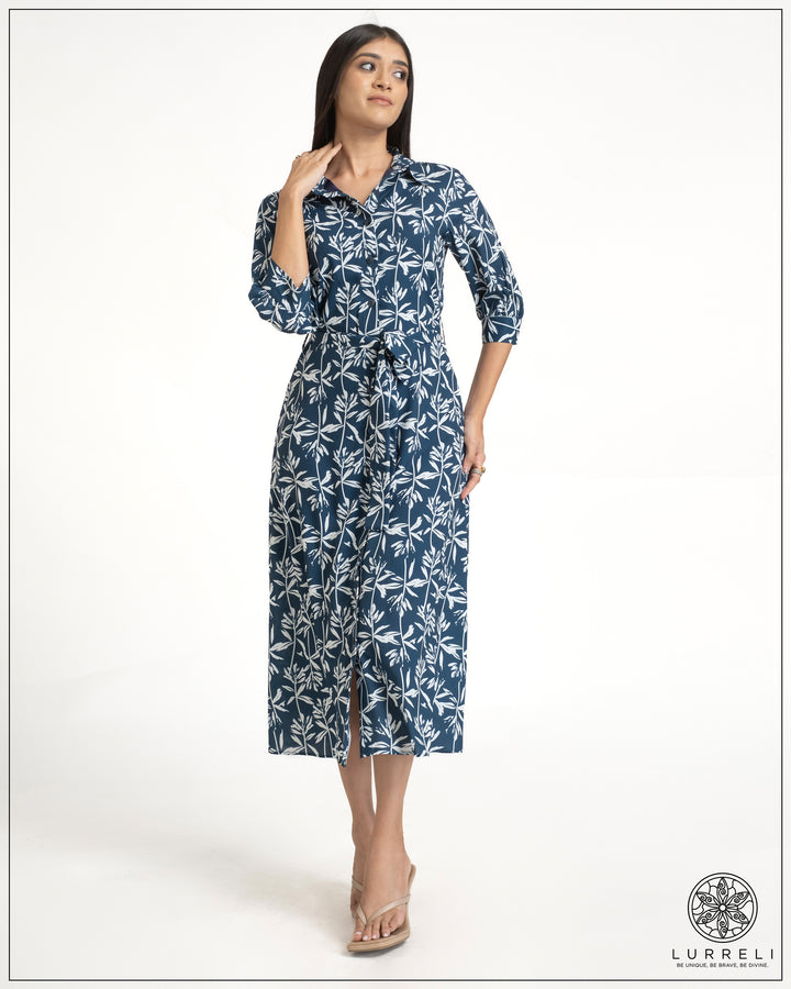 Leaf Printed Tie-Up Detail Midi Dress