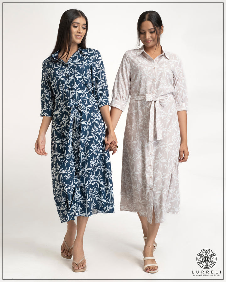 Leaf Printed Tie-Up Detail Midi Dress