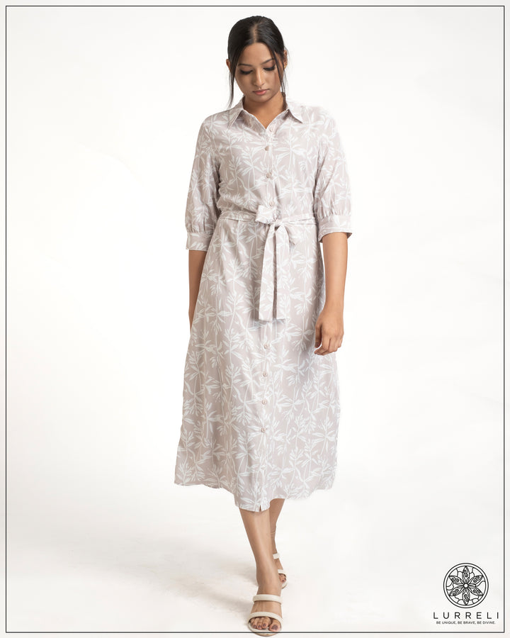 Leaf Printed Tie-Up Detail Midi Dress