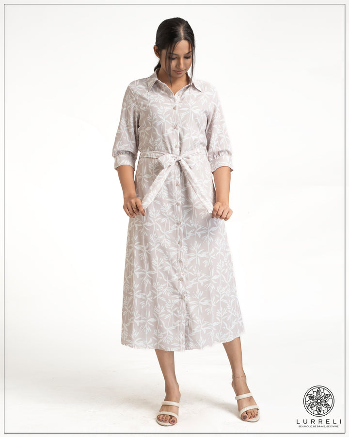 Leaf Printed Tie-Up Detail Midi Dress