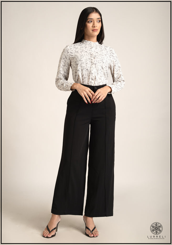 Leaf Printed Chinese Collar Basic Blouse