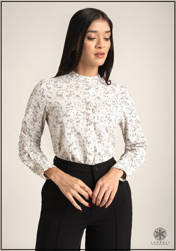 Leaf Printed Chinese Collar Basic Blouse