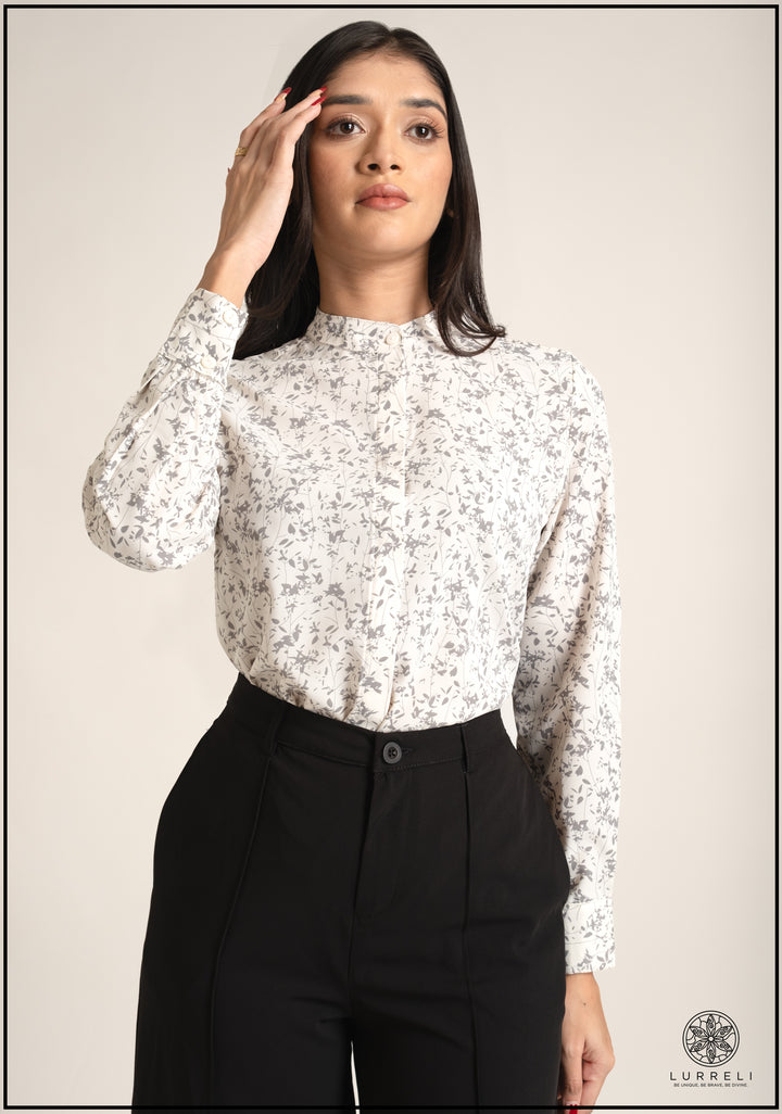 Leaf Printed Chinese Collar Basic Blouse