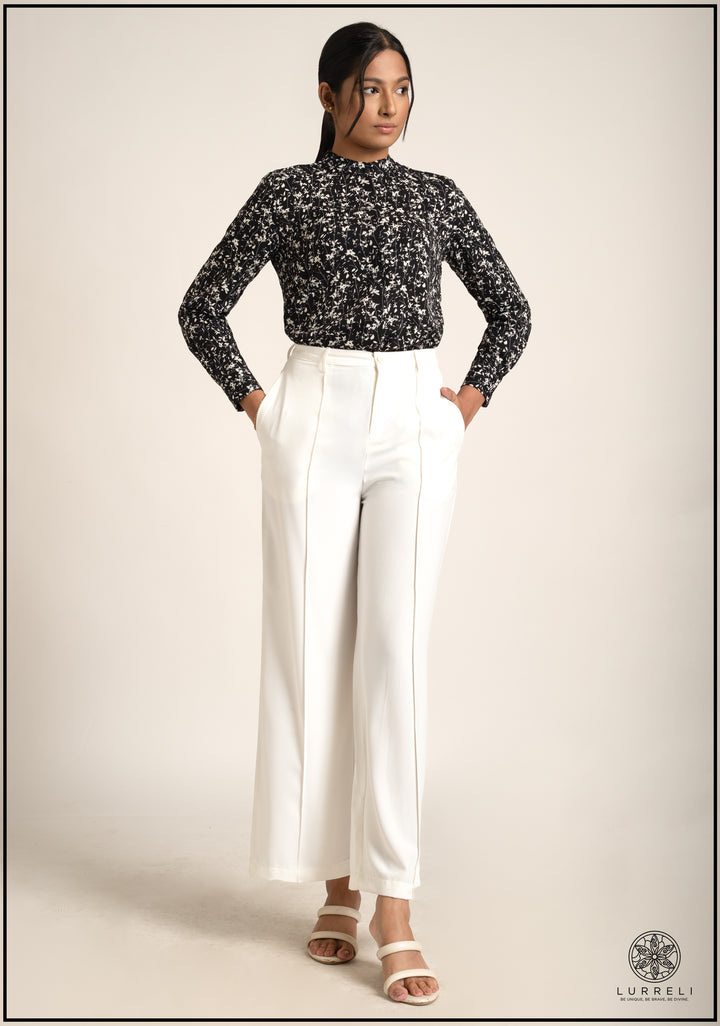 Leaf Printed Chinese Collar Basic Blouse