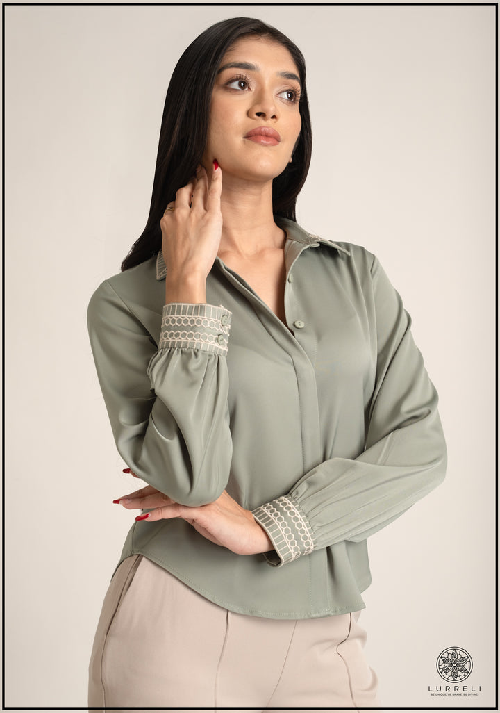 Embroidery Detail Turn Down Collar Work Wear Top