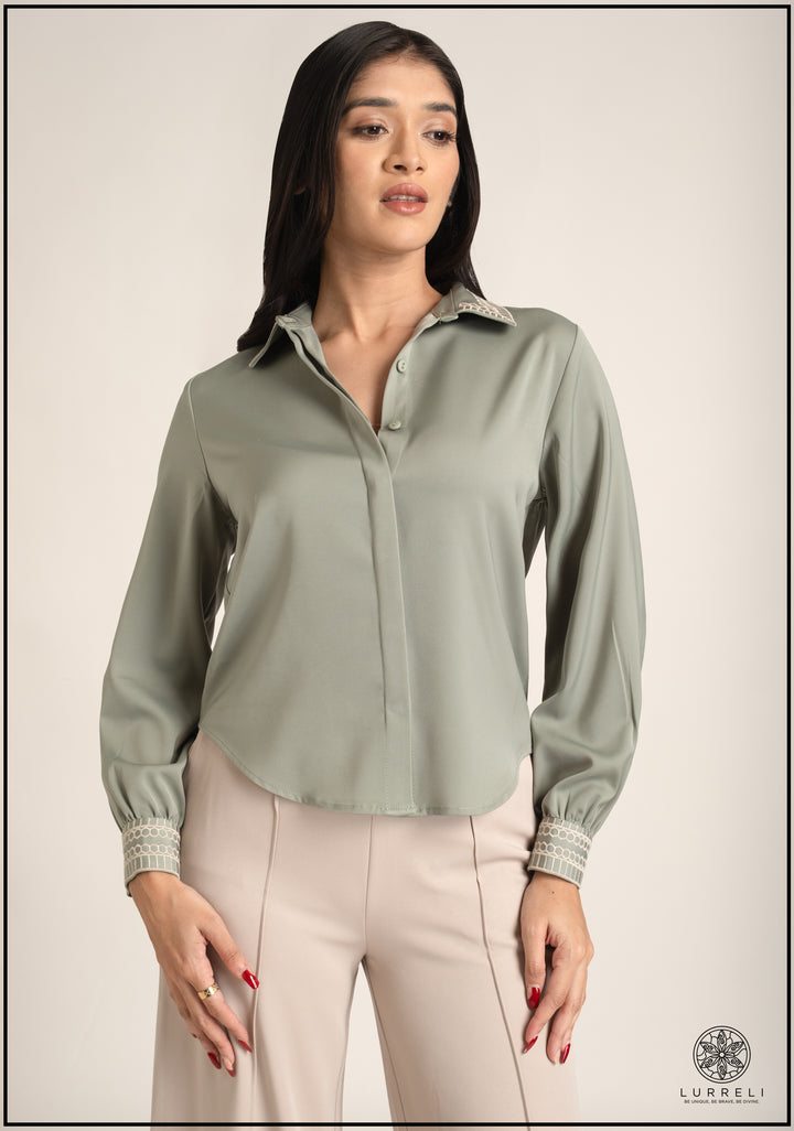 Embroidery Detail Turn Down Collar Work Wear Top