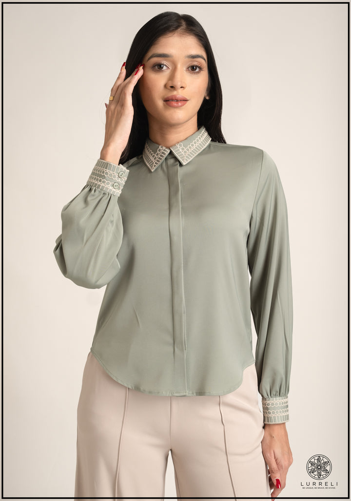 Embroidery Detail Turn Down Collar Work Wear Top