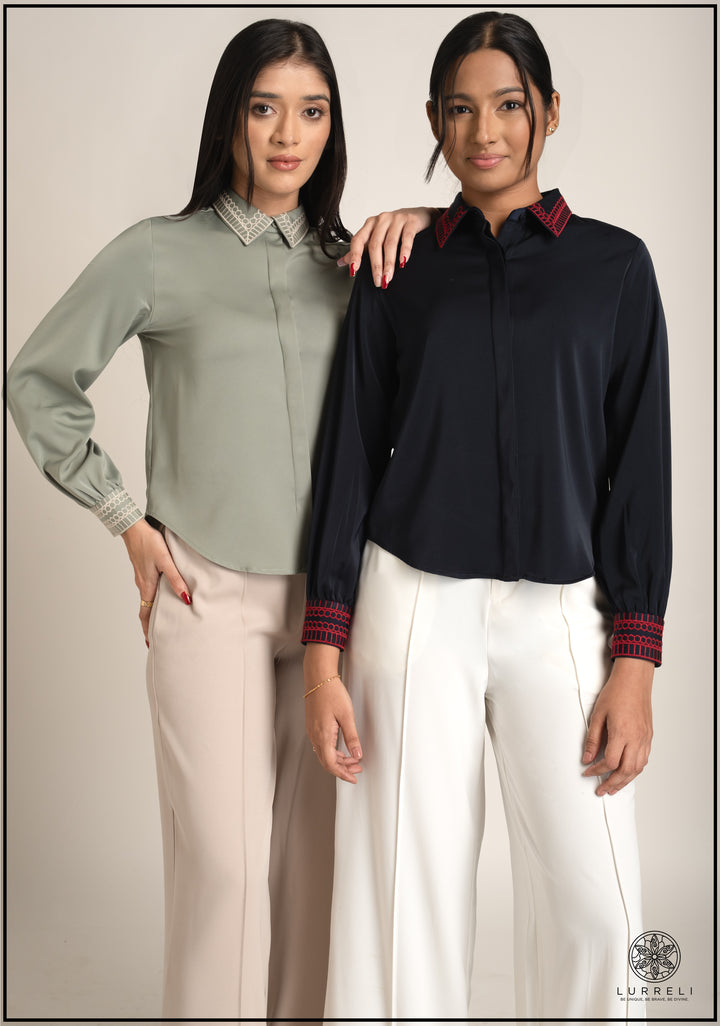 Embroidery Detail Turn Down Collar Work Wear Top