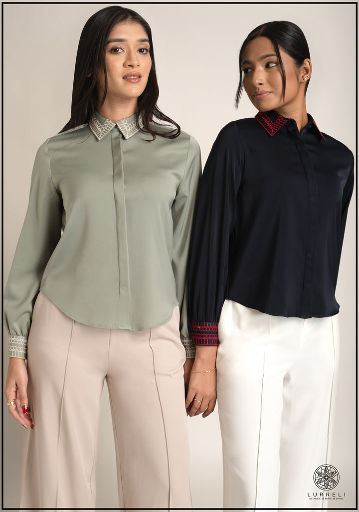 Embroidery Detail Turn Down Collar Work Wear Top