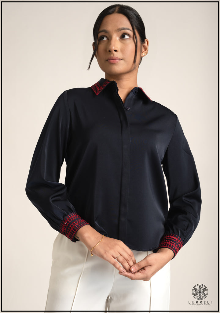 Embroidery Detail Turn Down Collar Work Wear Top