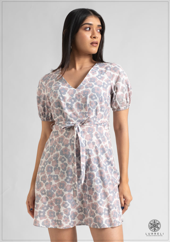 Puff Sleeve Tie Up Detail Mini Dress