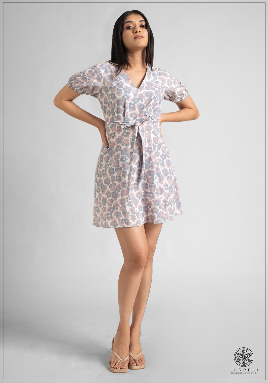 Puff Sleeve Tie Up Detail Mini Dress