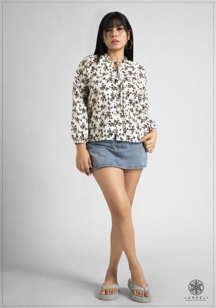 Gathered Neck Detail Long Sleeve Top