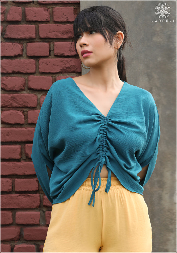 Front Ruched Long Sleeve Knot Casual Blouse