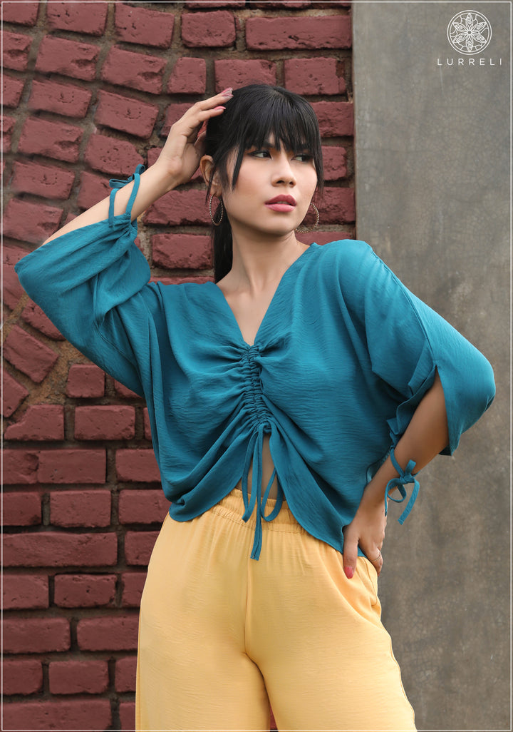 Front Ruched Long Sleeve Knot Casual Blouse