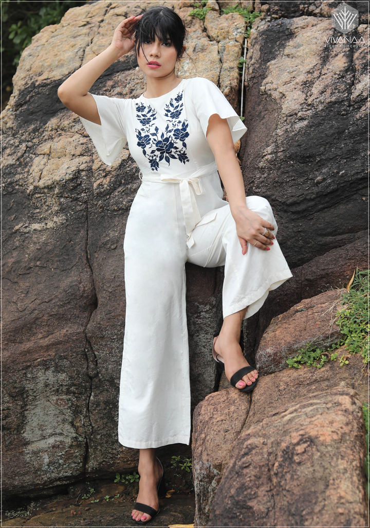 Embroidery Detail Belted Palazzo Jumpsuit