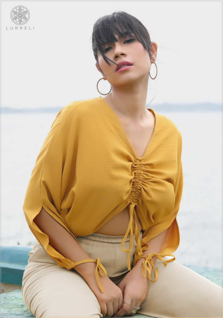 Front Ruched Long Sleeve Knot Casual Blouse