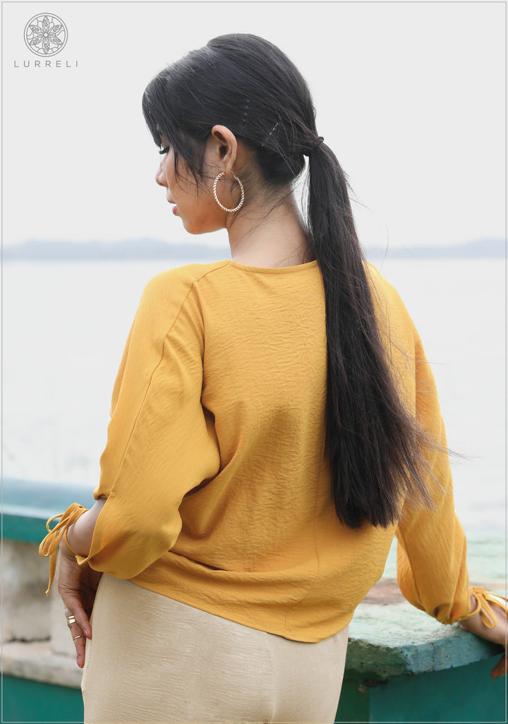 Front Ruched Long Sleeve Knot Casual Blouse