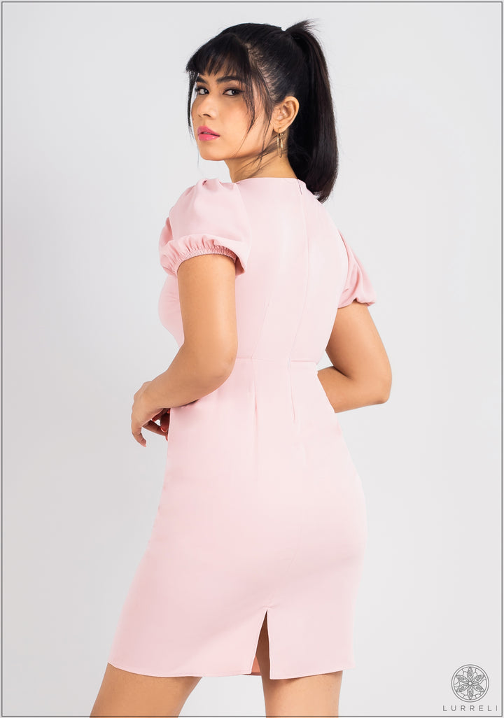 Puff Sleeve Square Neck Solid Dress