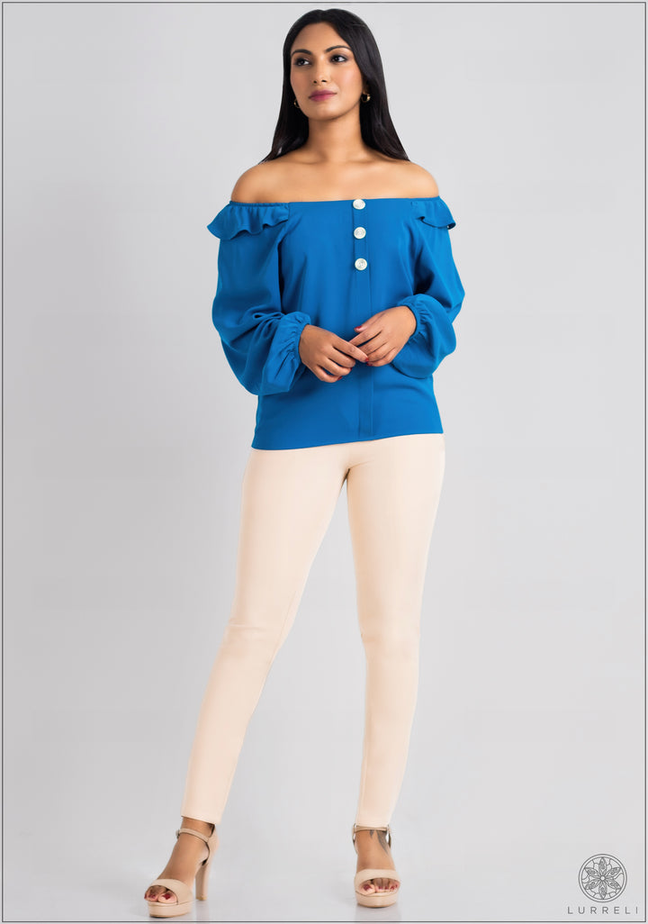 Deep Neck Frilled Long Sleeve Top