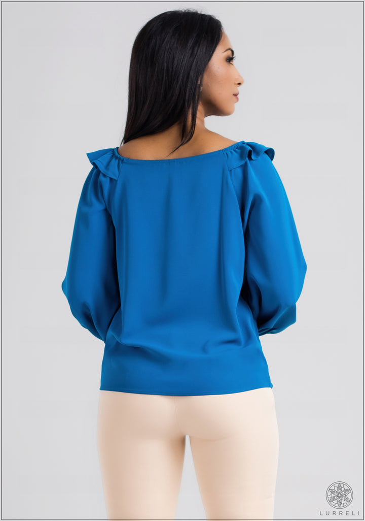 Deep Neck Frilled Long Sleeve Top