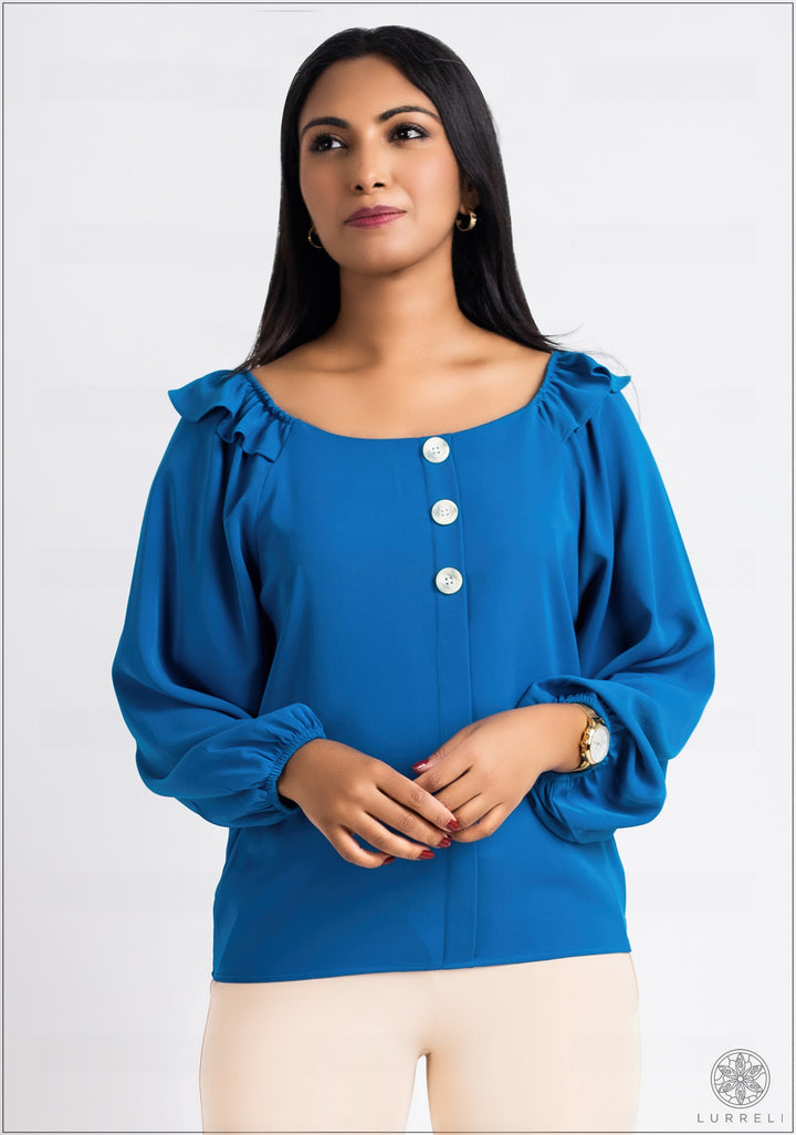 Deep Neck Frilled Long Sleeve Top