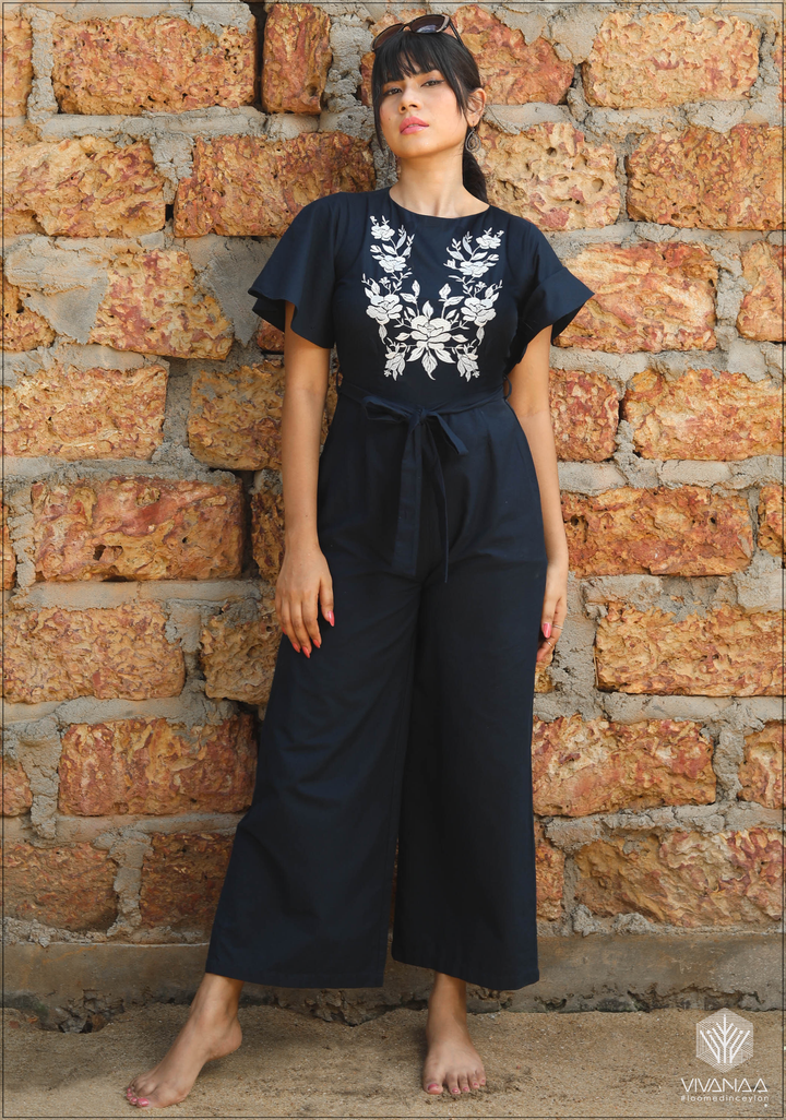 Embroidery Detail Belted Palazzo Jumpsuit