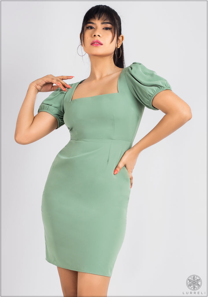 Puff Sleeve Square Neck Solid Dress