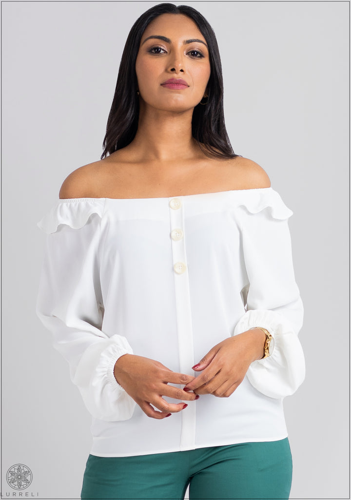 Deep Neck Frilled Long Sleeve Top