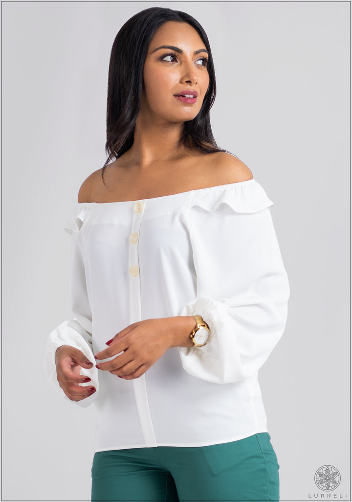 Deep Neck Frilled Long Sleeve Top